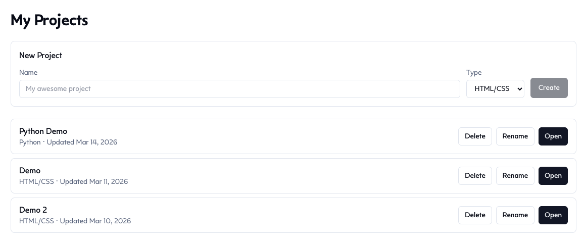 Student projects page showing assigned coding projects